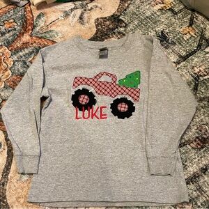 Gildan Gray Long Sleeve Tee with Red Plaid Truck and Green Tree